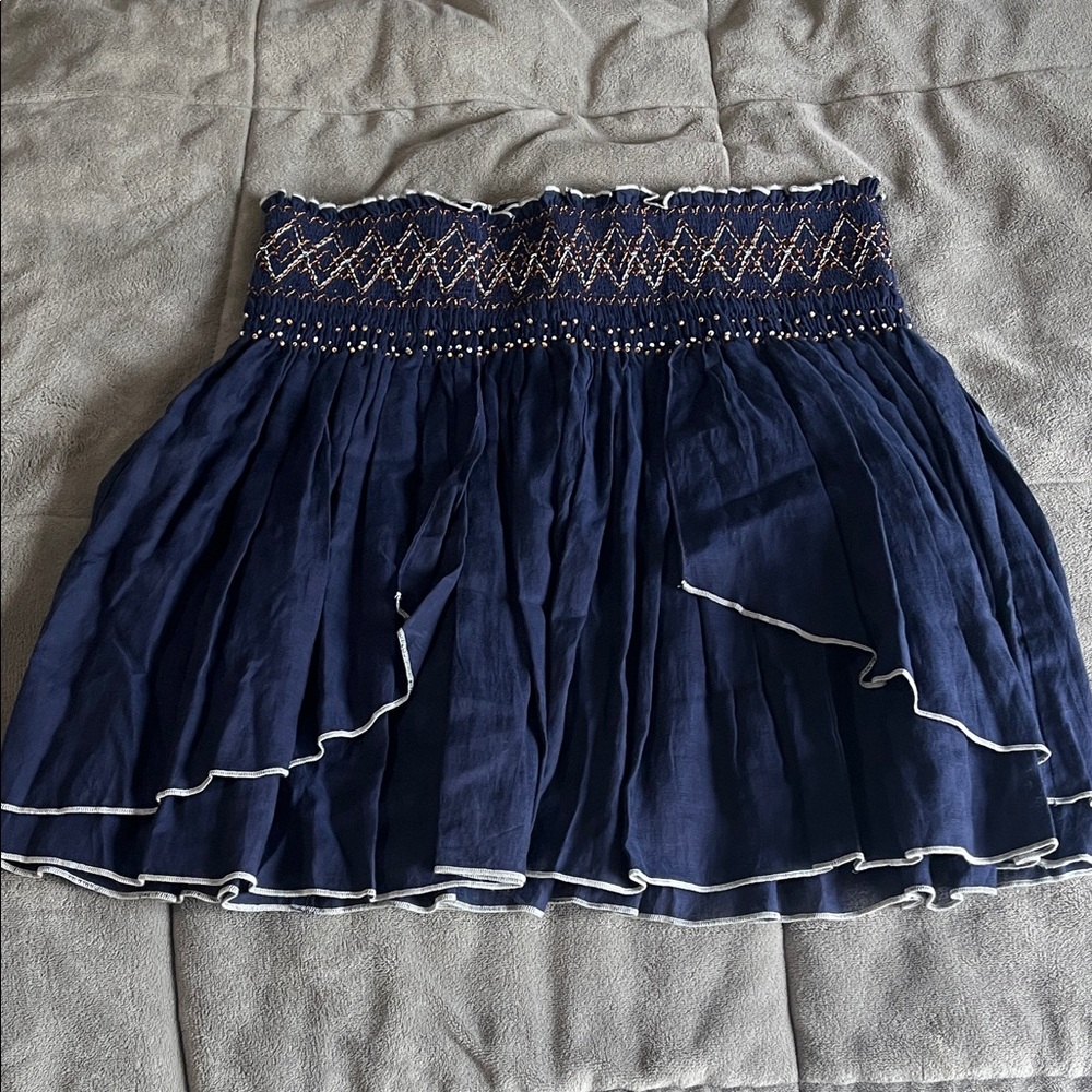 Free People Navy Smocked Waist Ruffle Mini Skirt